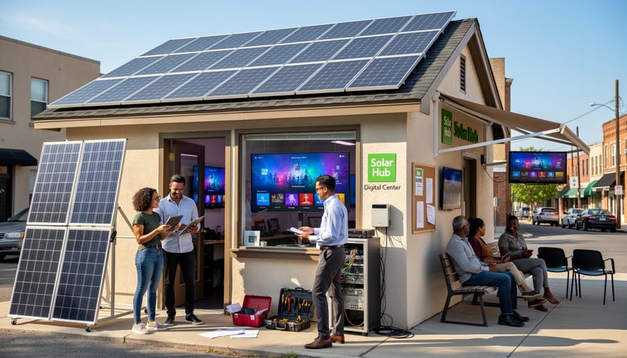 Local entrepreneur standing outside solar-powered internet cafe in rural area