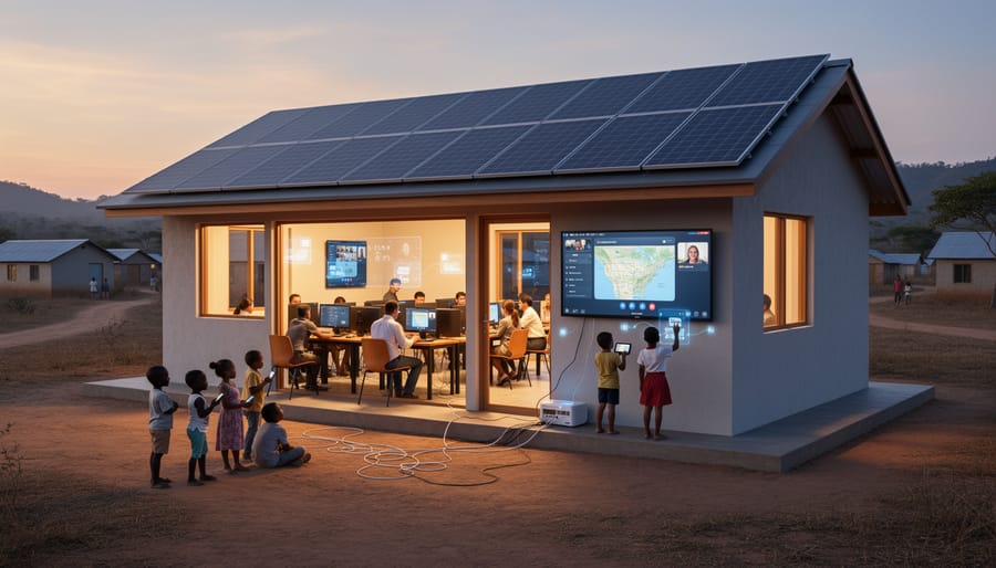 Solar panels on community building roof with people using computers inside