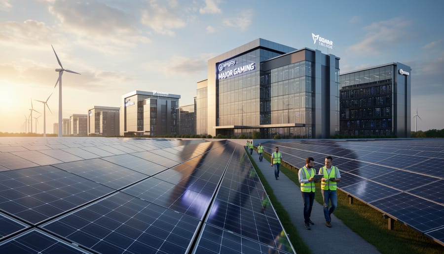 Aerial view of data center facility with solar panel arrays on roof and grounds